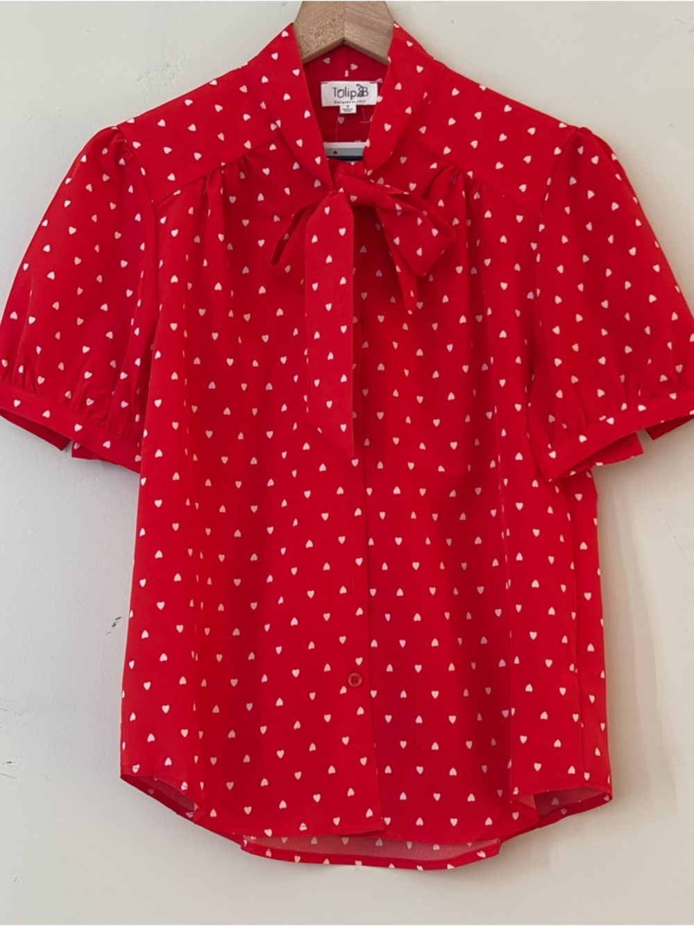 Tulip B Red Heart Print Tie Neck Blouse Small